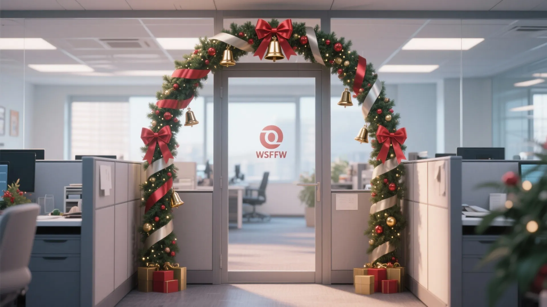 Office entrance decorated with Christmas garland arch featuring red bows gold bells and gift boxes