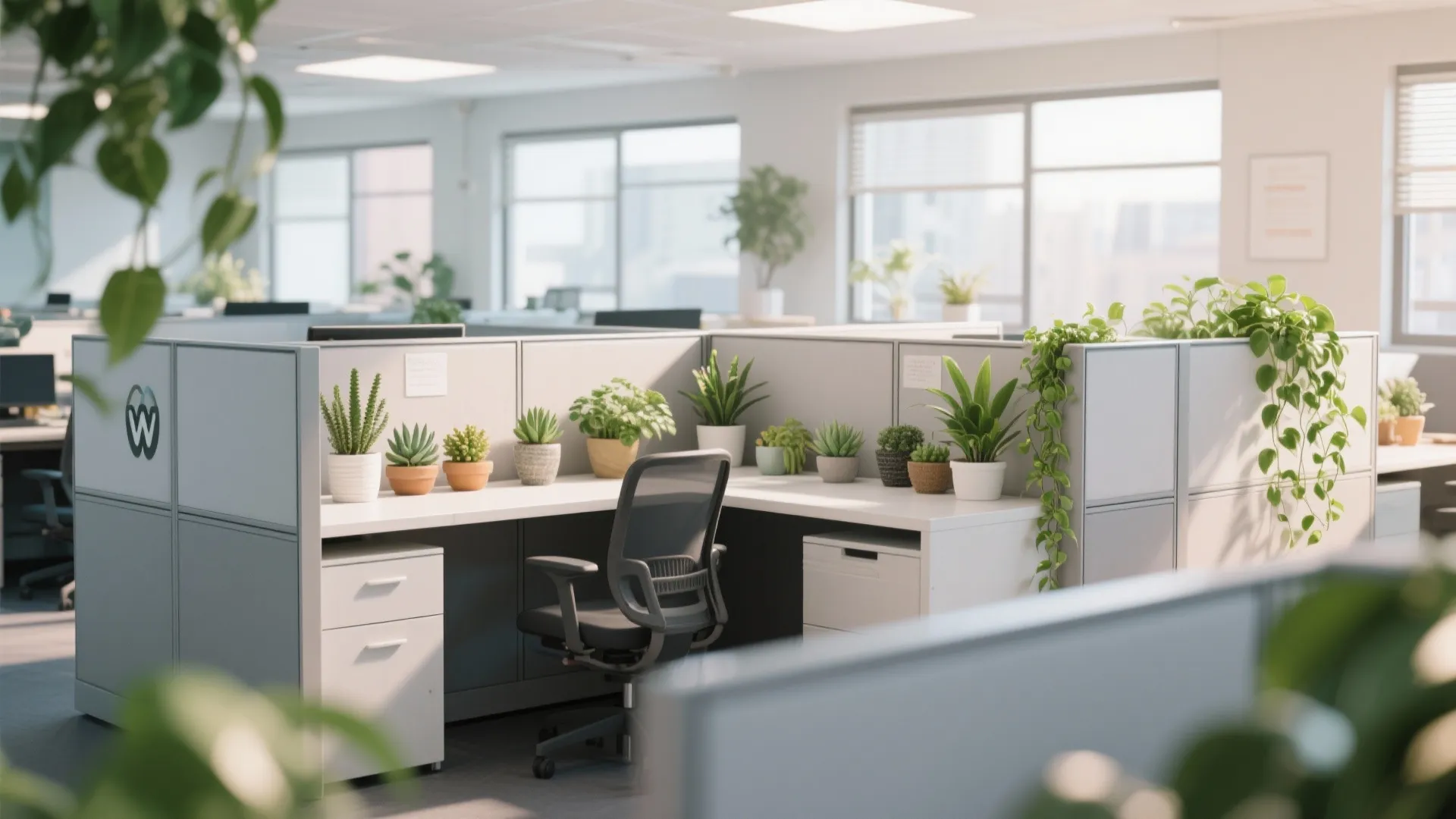 White office cubicles with green potted plants on desks and black ergonomic chairs in light