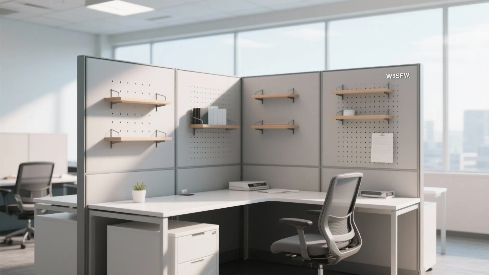 Office cubicle with white desk grey chair wooden wall shelves pegboard panels and large windows