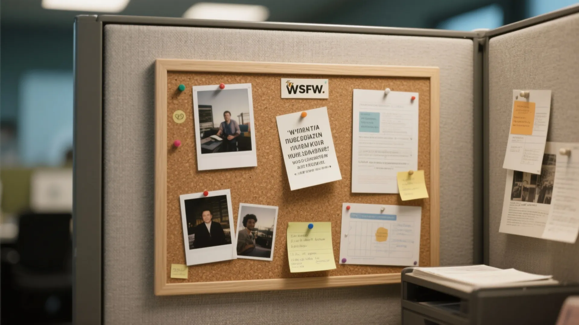 Cork board in an office cubicle with pinned photos notes and documents for daily organization