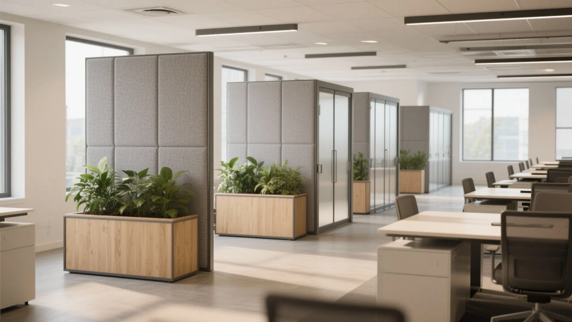 Modern office interior featuring grey acoustic privacy booths with integrated wooden planters and green indoor plants