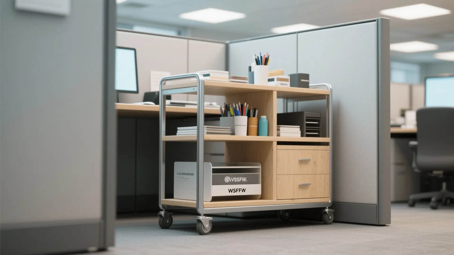 Three tier rolling cart with wooden shelves holding pens, office supplies, and small storage drawers