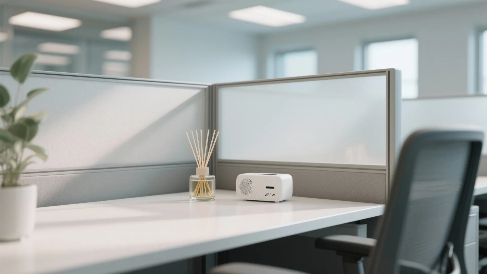 Minimalist office cubicle with white desk, small speaker, reed diffuser, green plant, and grey chair
