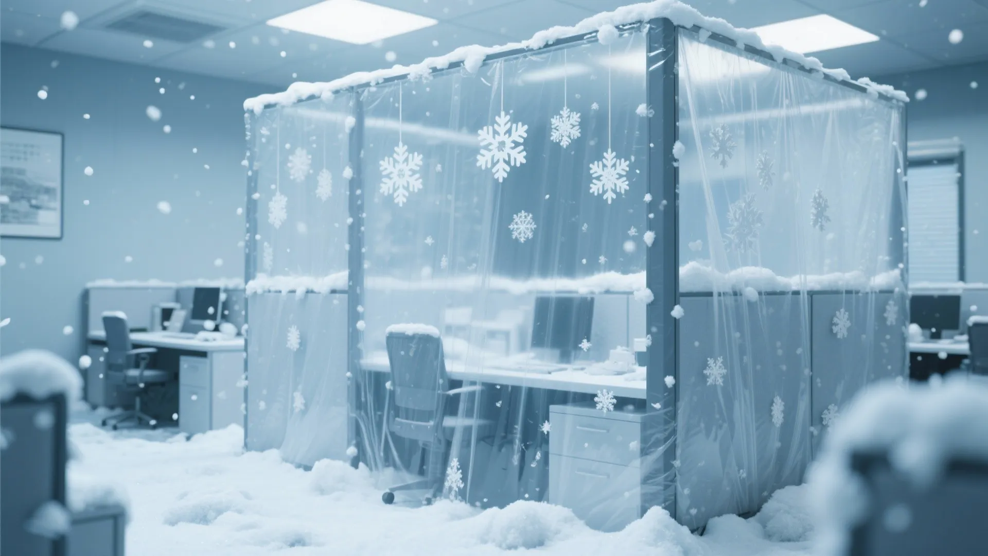 Office cubicle covered in snow with snowflake decorations and blue light creating a winter scene