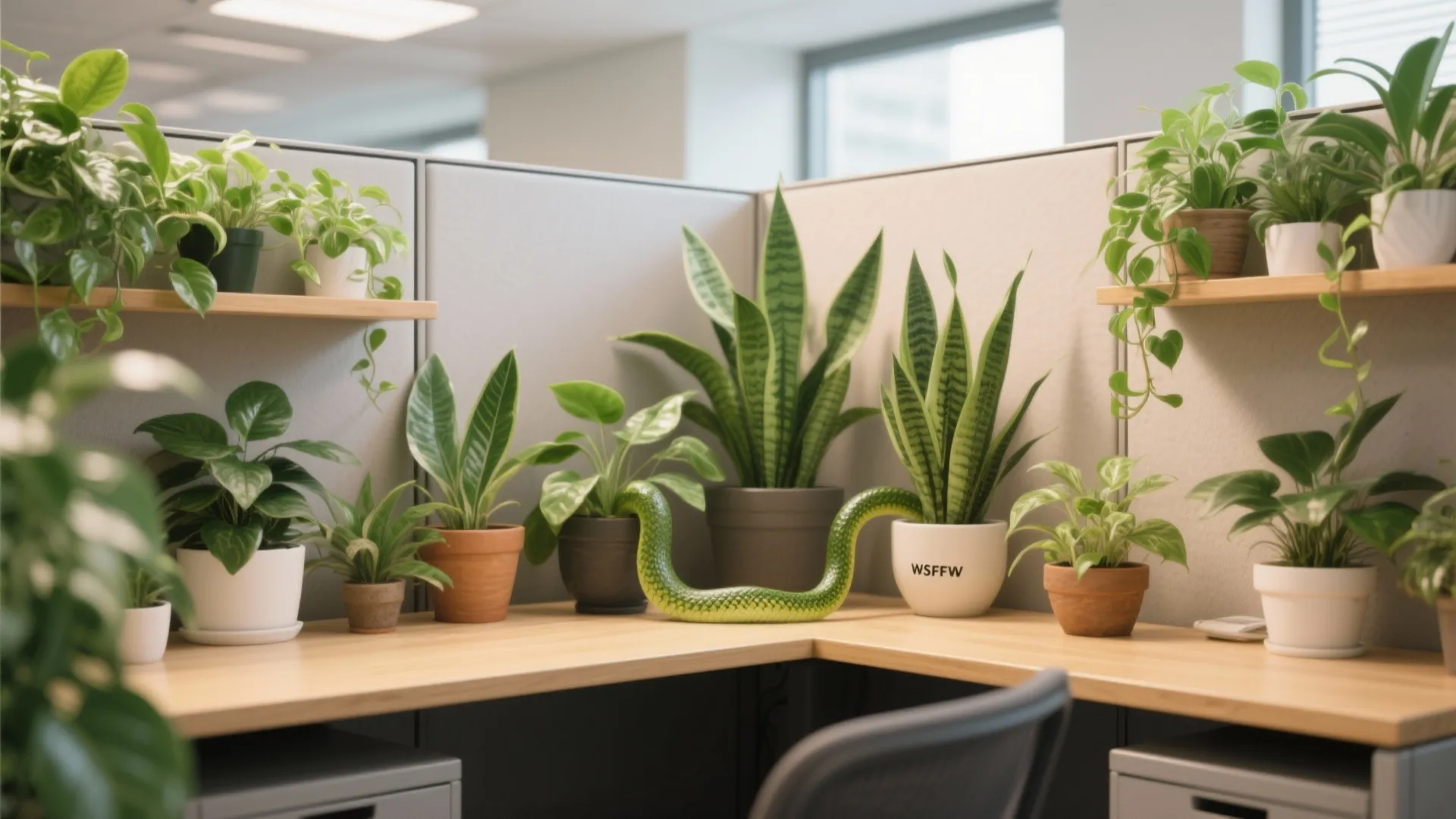 Modern office desk setup with various potted green plants placed on wooden shelves and desk
