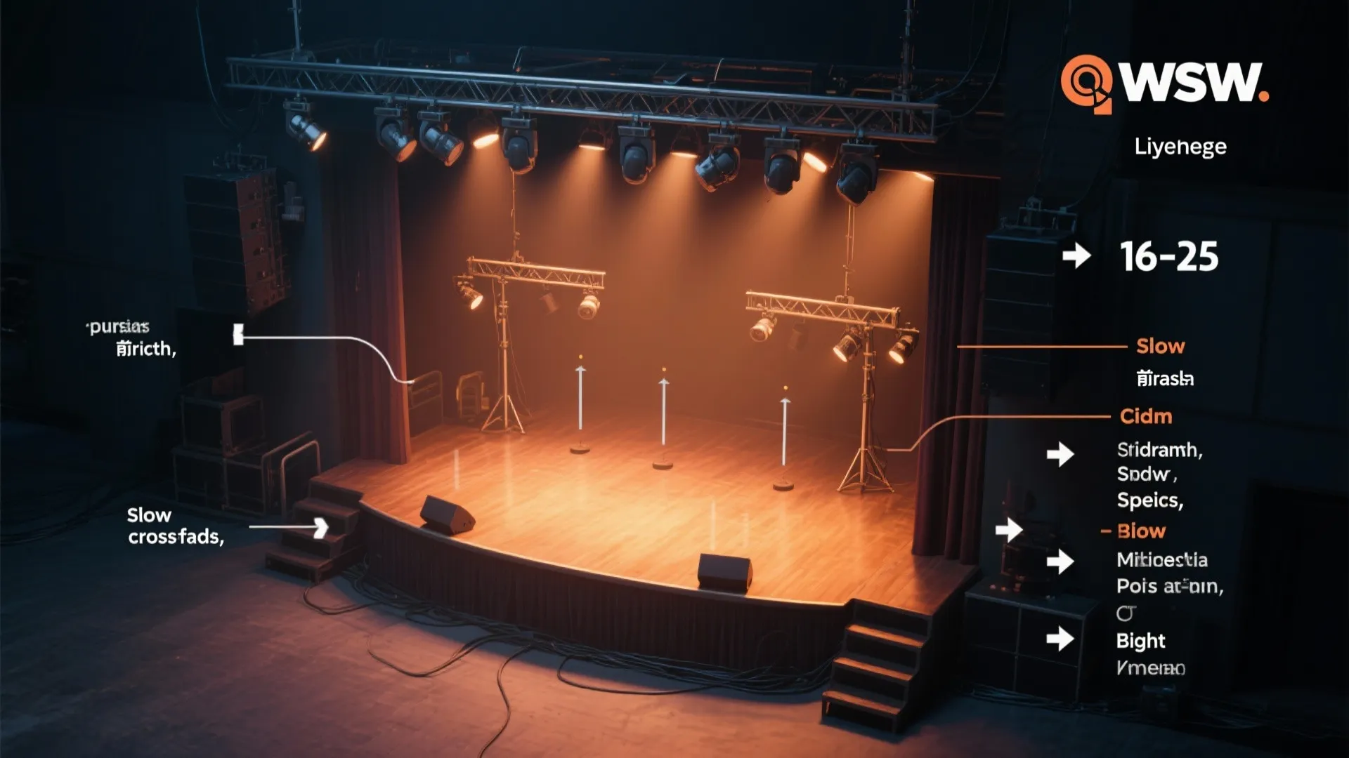 Small theater stage with wooden floor and ceiling lights showing setup instructions and various control labels