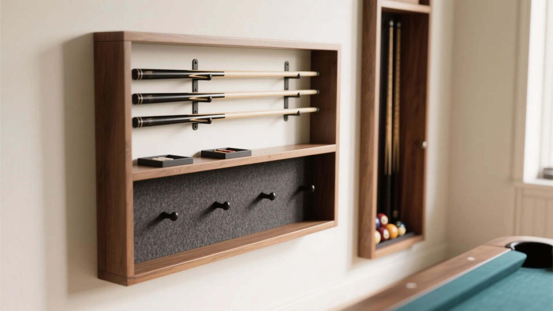 Close-up of recessed wall cue rack with full and short cues, a slim shelf for chalk, and a corner cabinet for balls.