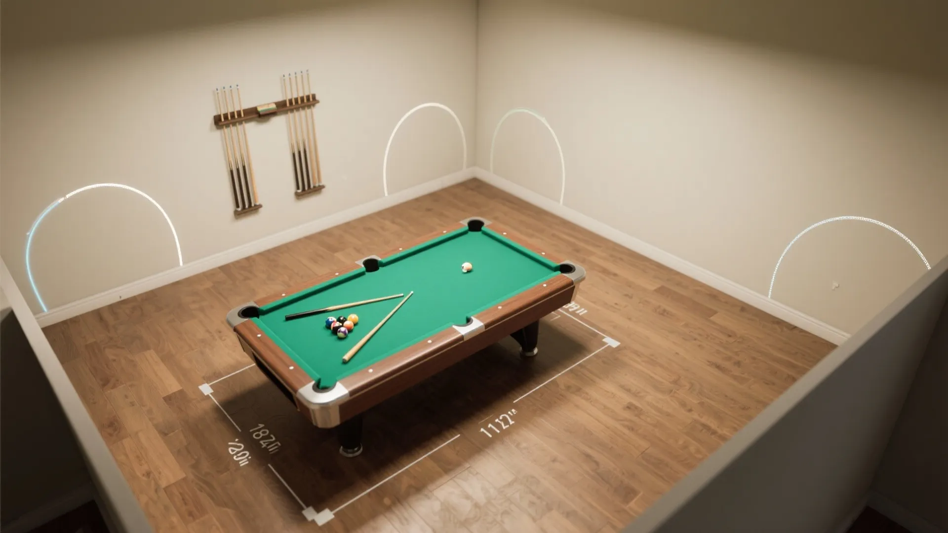 Top-down 11×14 layout with 7‑foot table, painter’s tape cue clearances, and short cues on a wall rack.