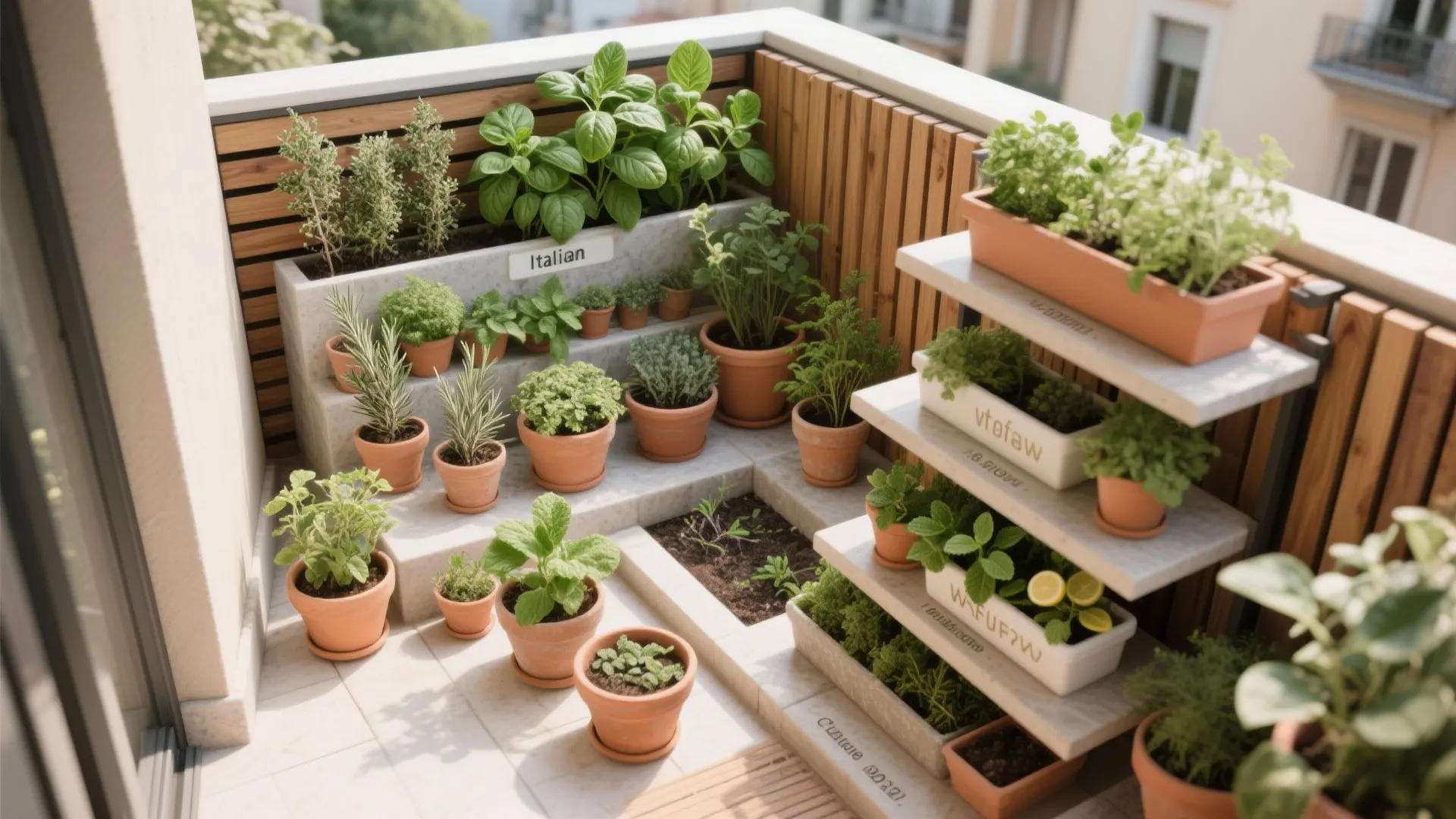 Small balcony garden with many potted green herbs arranged on wooden shelves and floor space
