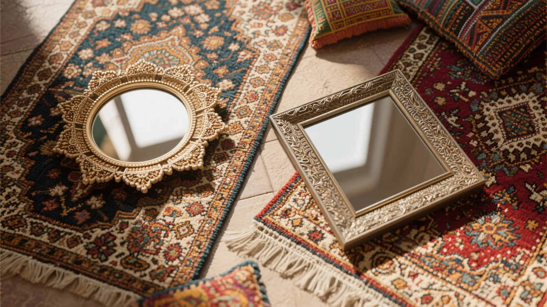 Two decorative gold framed mirrors resting on colorful patterned area rugs in a sunlit setting