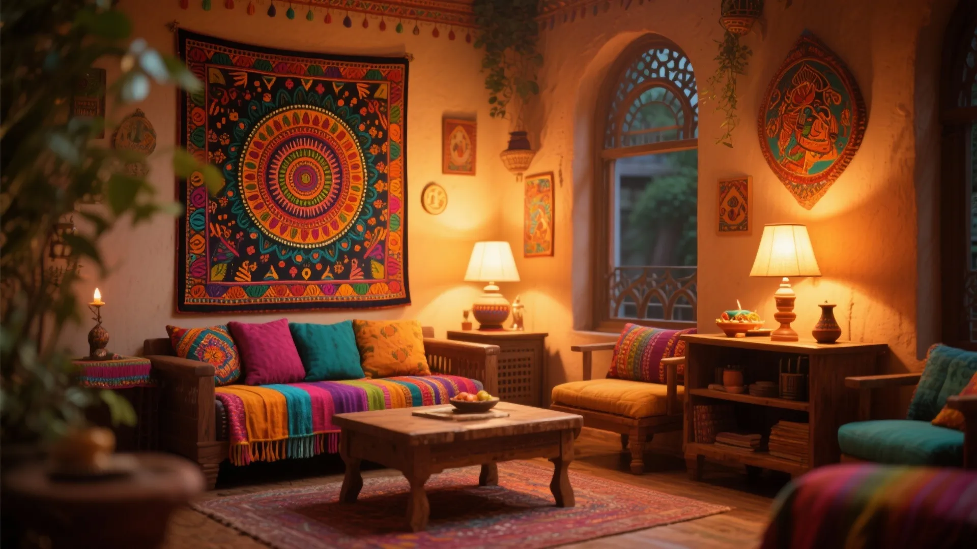 Vibrant Indian folk art canvas in warm living room corner