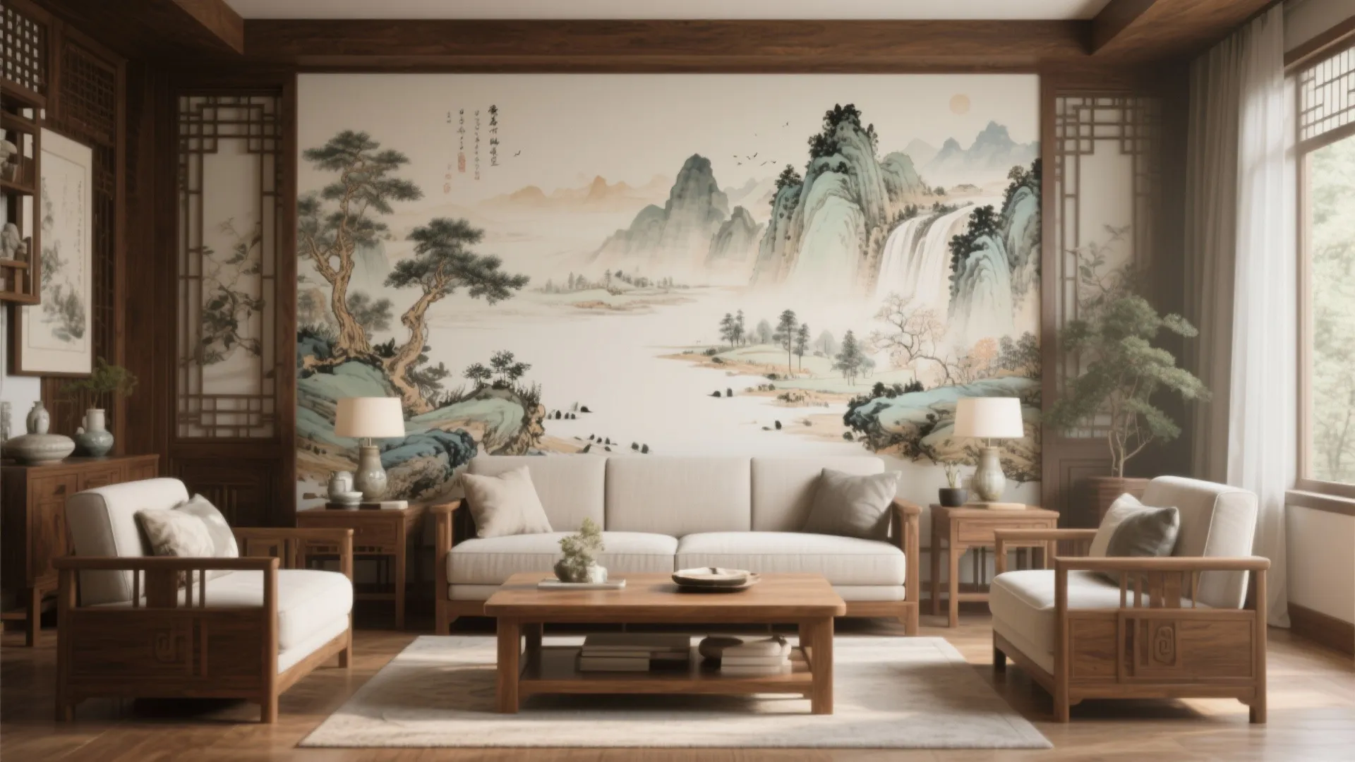 Traditional living room with mountain landscape wall mural wooden furniture white sofas and large wall panel
