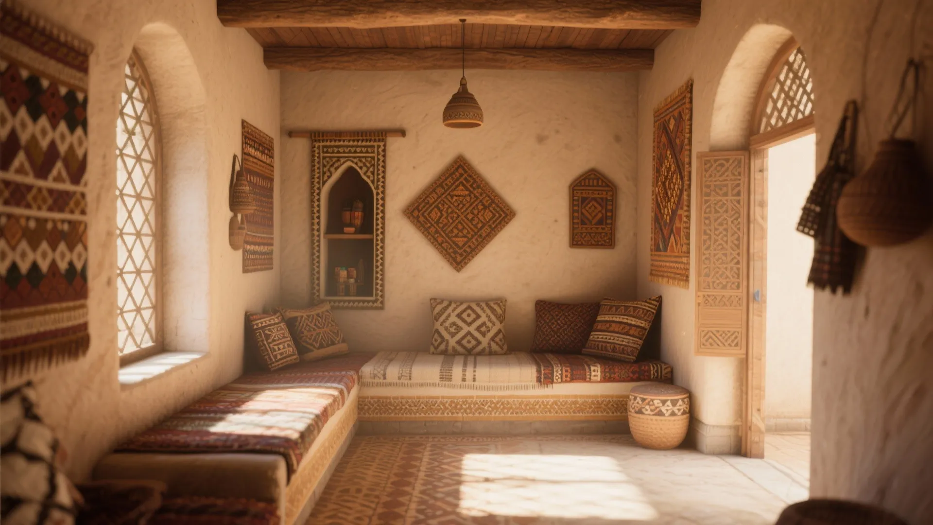 Small interior with traditional patterns and warm tones