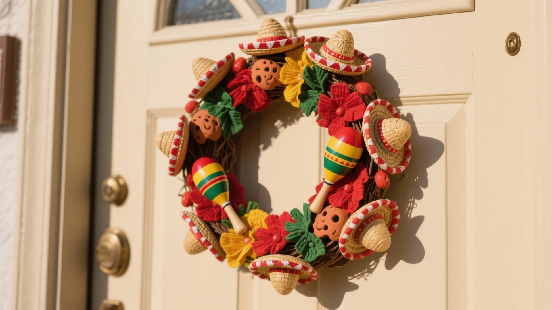 Mexican style door wreath featuring small straw hats maracas and colorful fabric flowers on door