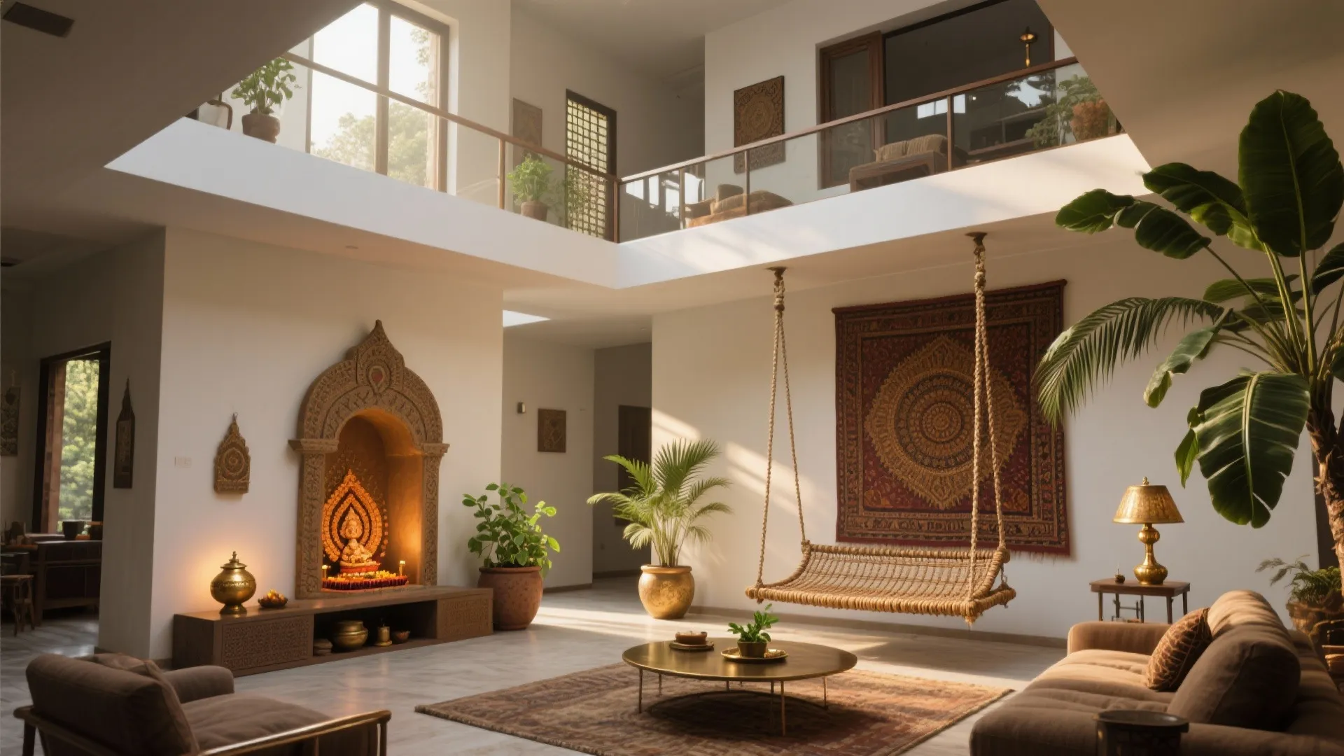 Traditional living room featuring indoor swing hanging seat with carved wall altar and green potted plants