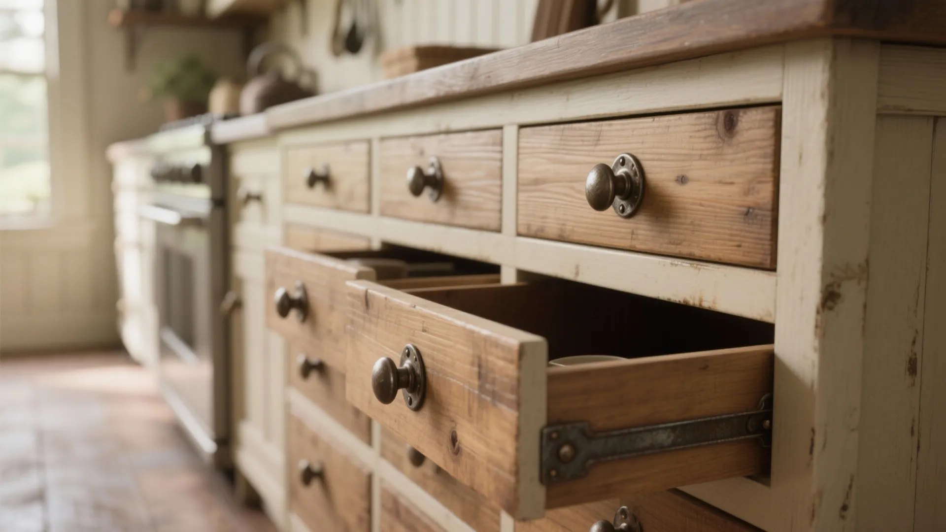 3. Cup pulls on drawers for a farmhouse touch