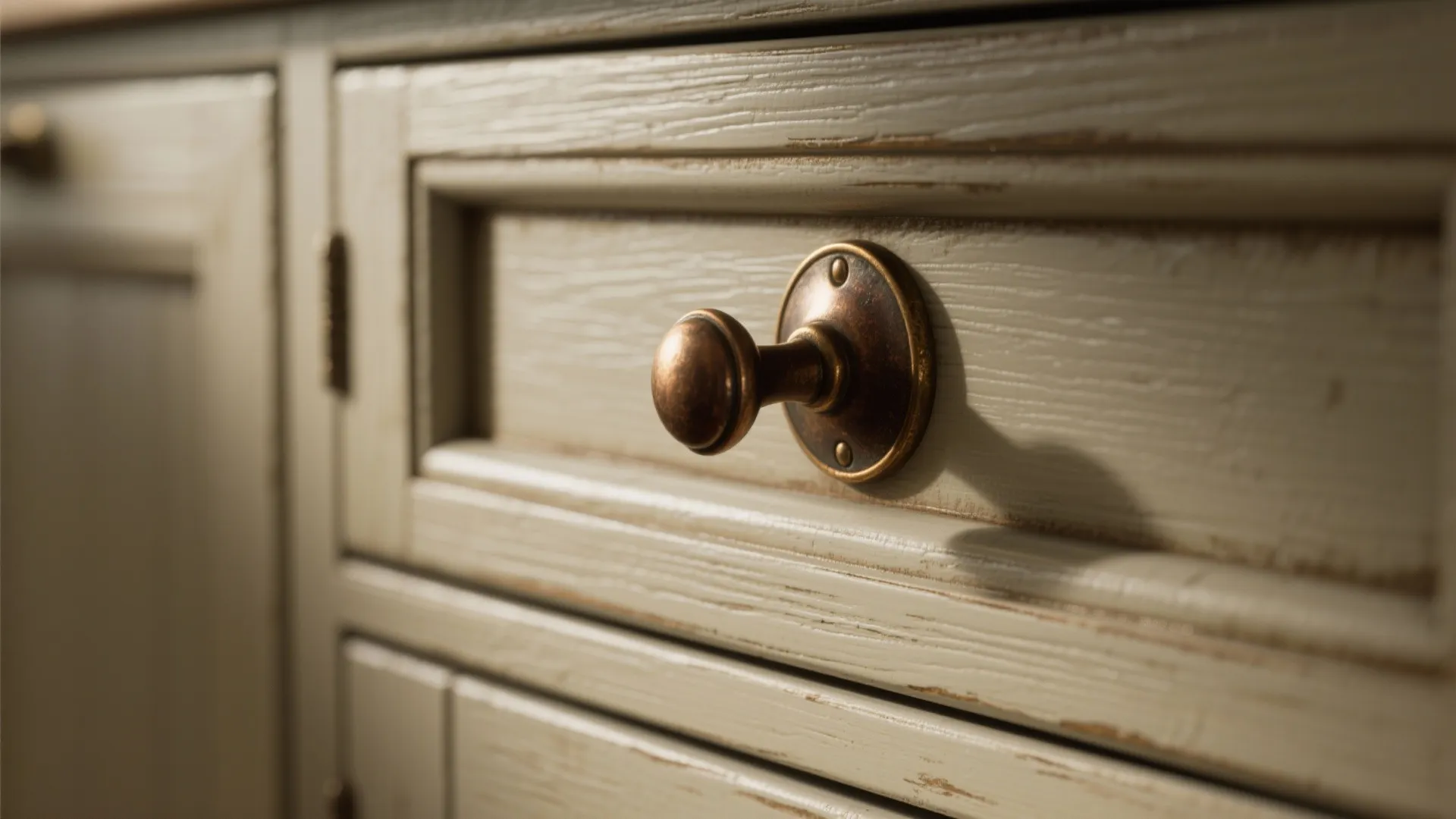 Close up of vintage round metal cabinet knob on a light green wooden drawer front panel