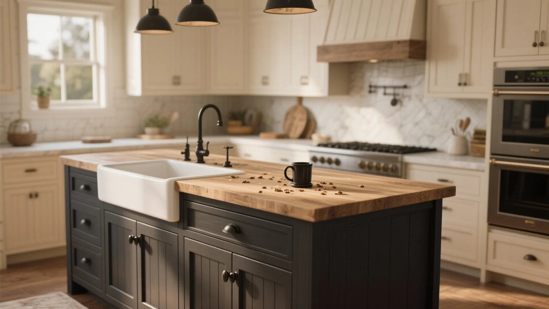 Transitional kitchen with black cup pulls, farmhouse sink, and wood island, showing a vintage-modern balance.