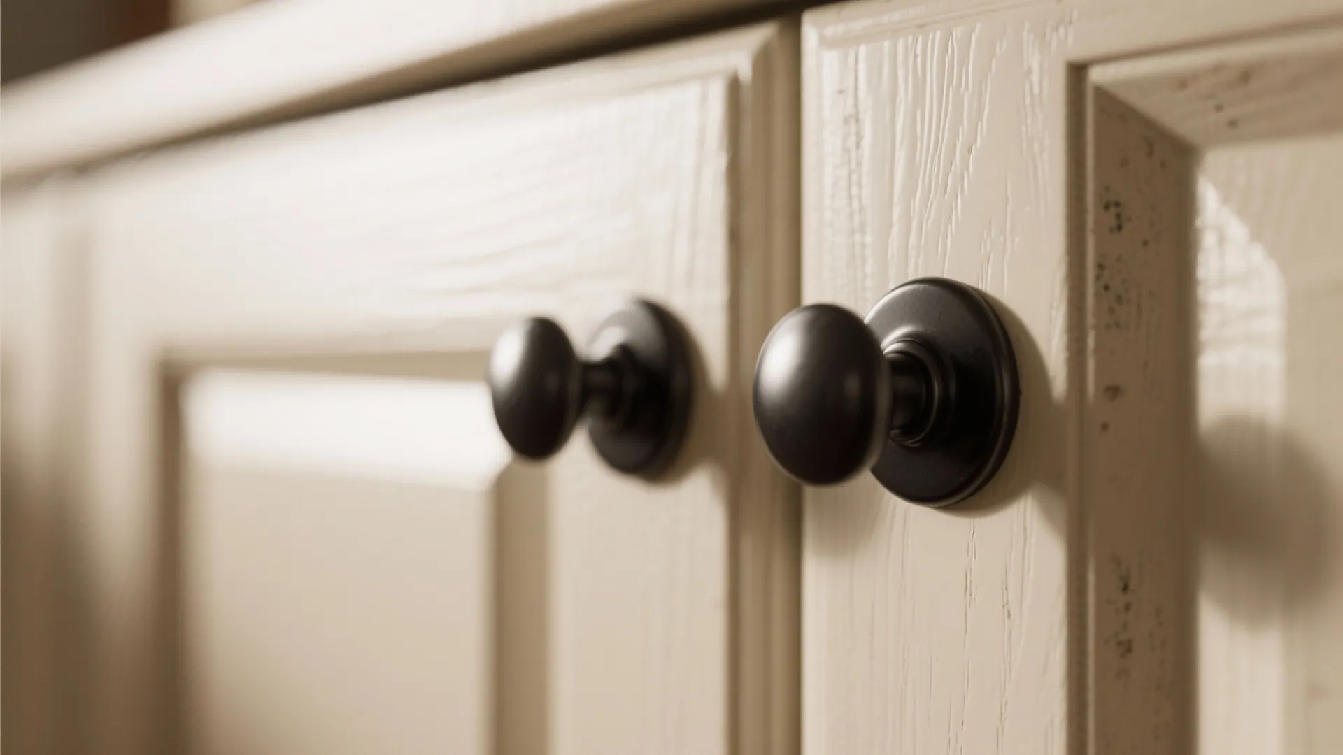 Close up of black round cabinet knobs on cream wooden door with visible wood grain