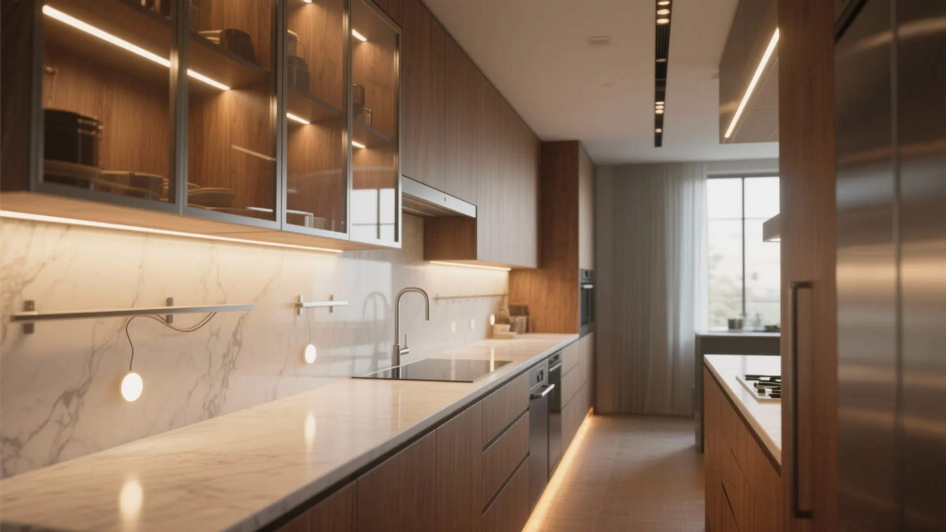 Modern kitchen featuring wood cabinets, marble countertop, under-cabinet light strips, and glowing glass display cabinets