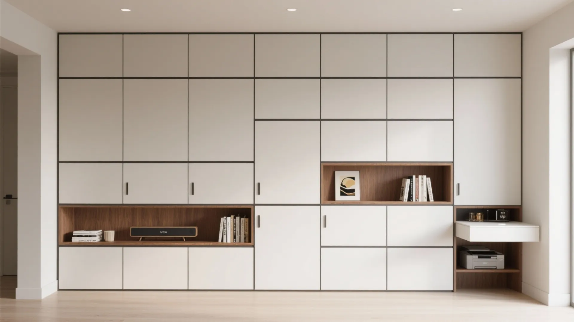 2) Full-height cupboard wall with open niches