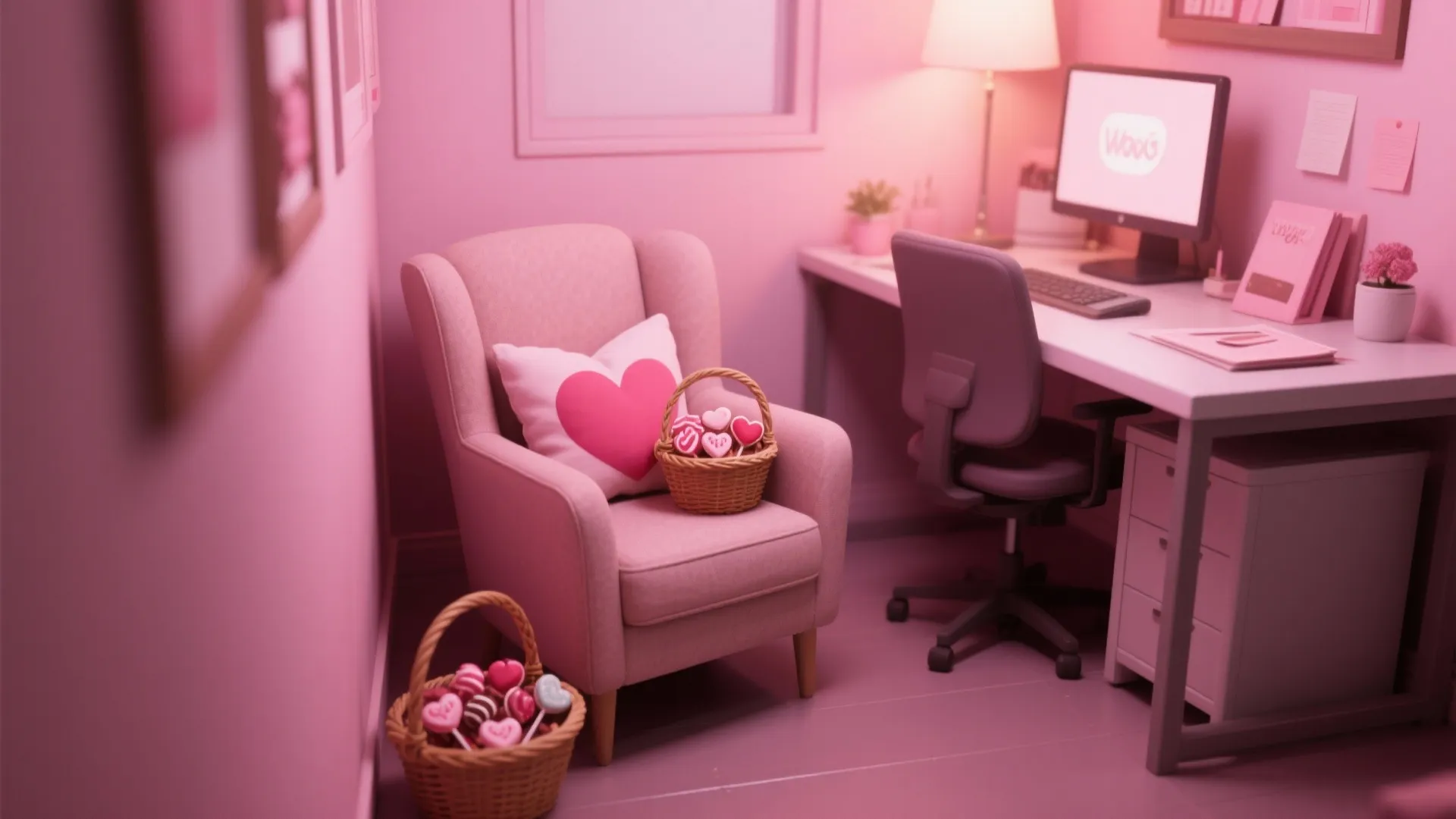 Pink armchair with heart pillow and baskets of candy in a cozy home office setting