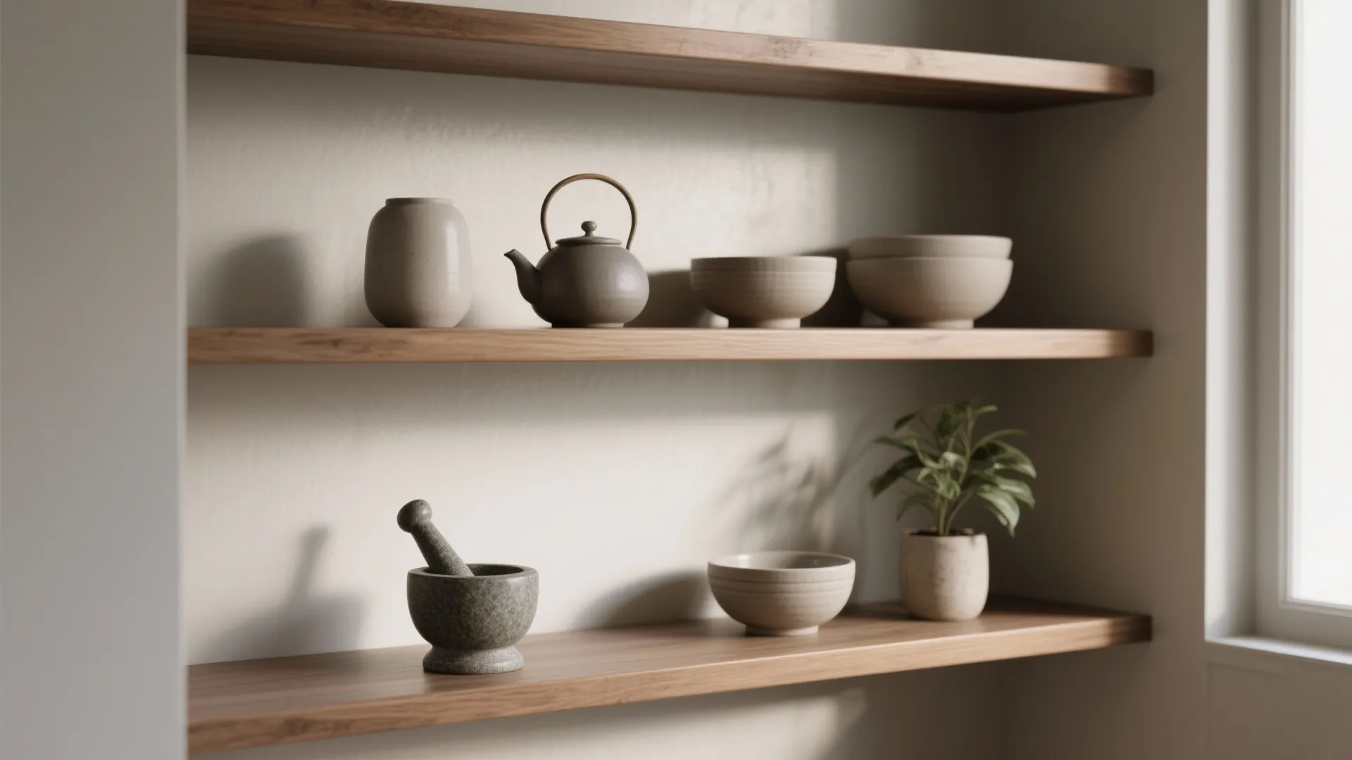 Minimalist wooden wall shelves displaying a teapot ceramic bowls a small plant and stone mortar