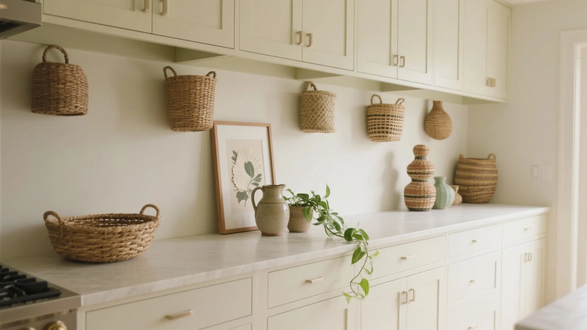 Modern kitchen with white cabinets decorated with woven baskets picture frame and green hanging plant