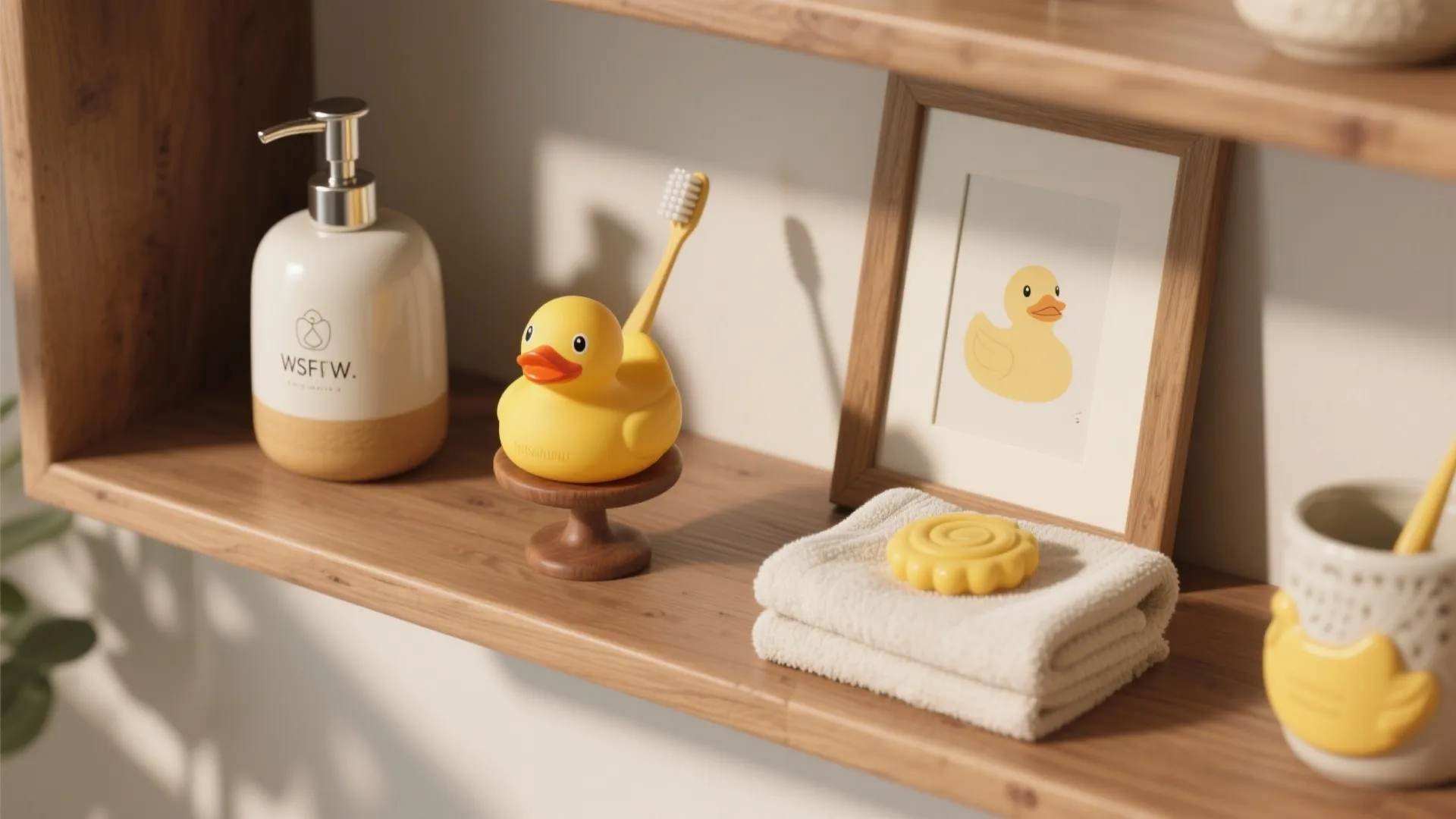 Wooden shelf with soap dispenser duck toothbrush holder framed art white towel and yellow soap