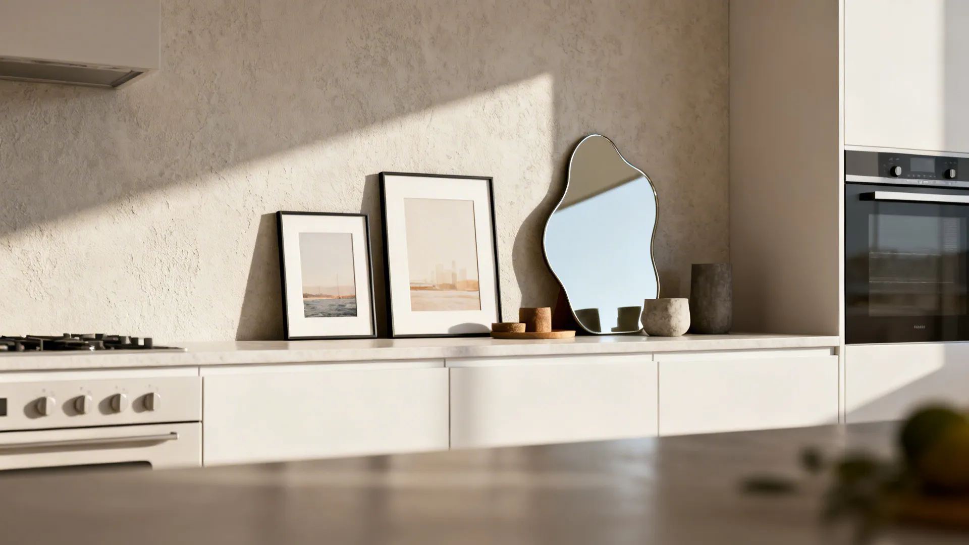 Framed art prints and wavy mirror on white kitchen counter under bright warm natural sunlight