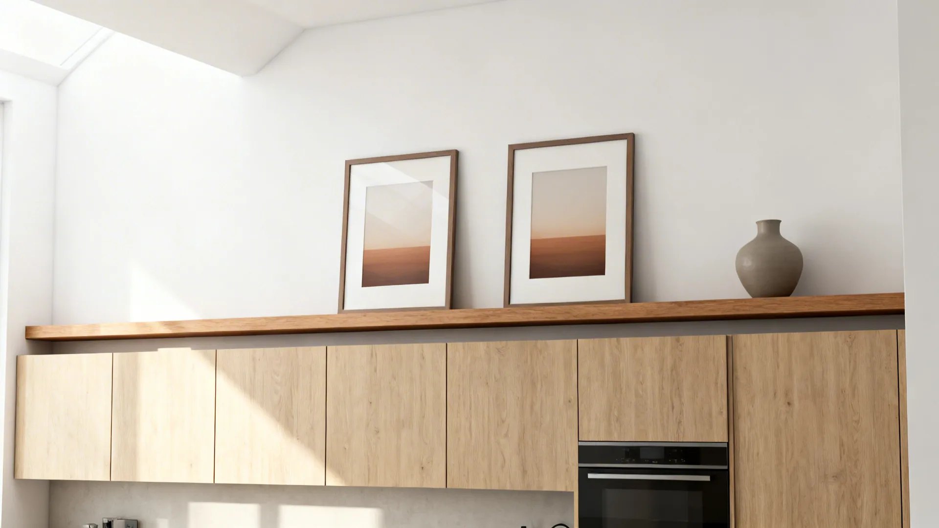 A slim art ledge above cabinets holds two coordinated framed prints and one ceramic vase.