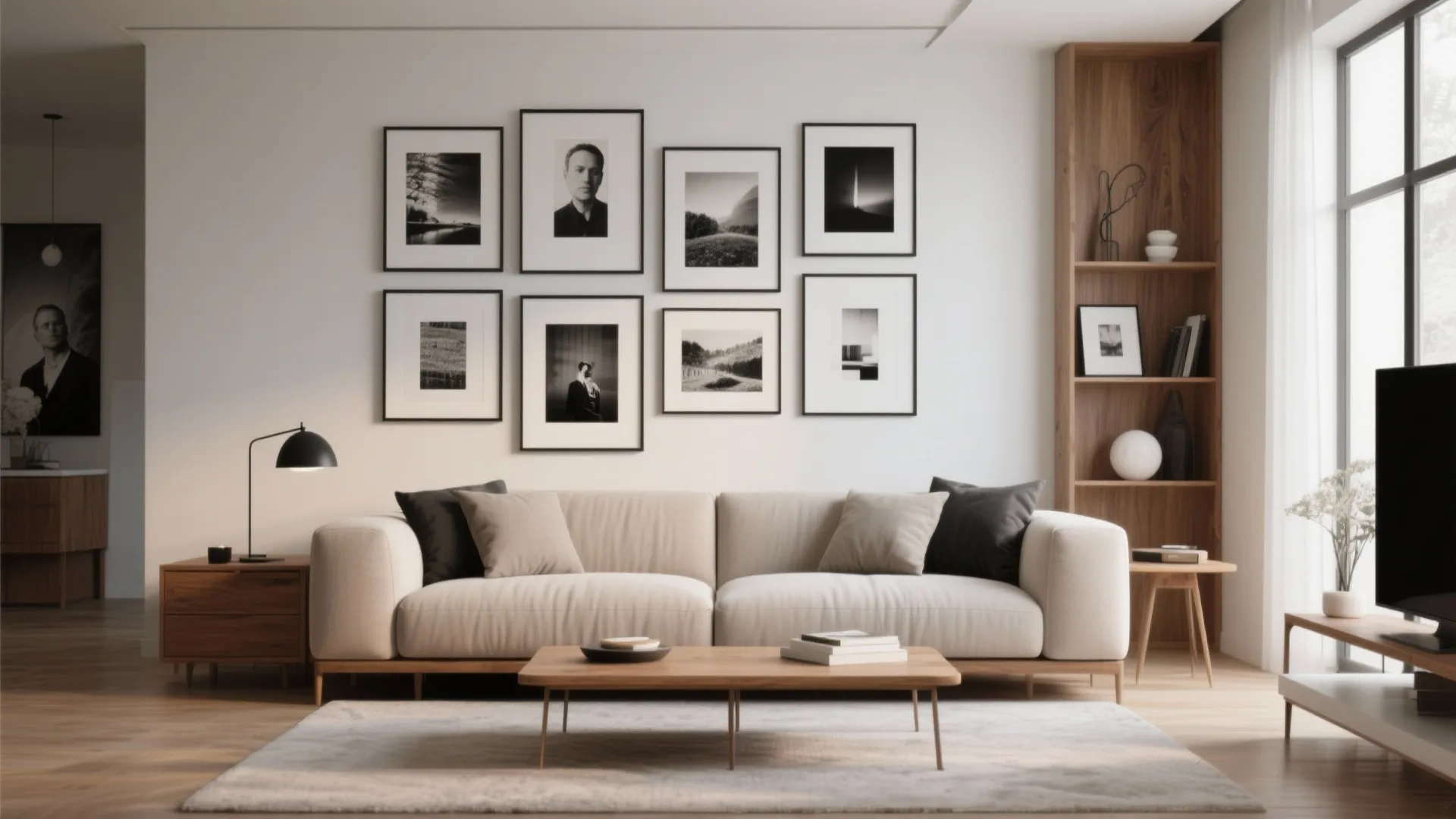 Living room featuring beige sofa wooden coffee table black and white gallery wall and tall bookshelf
