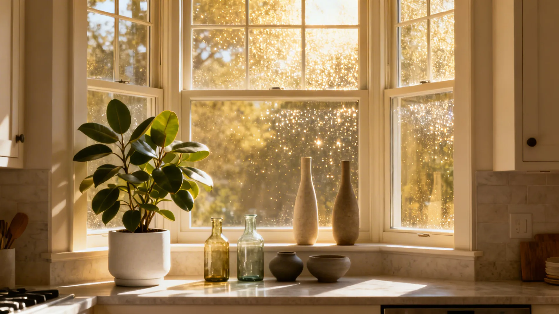 Styled kitchen bay window with a single bold plant, glass bottles, and matte ceramics.