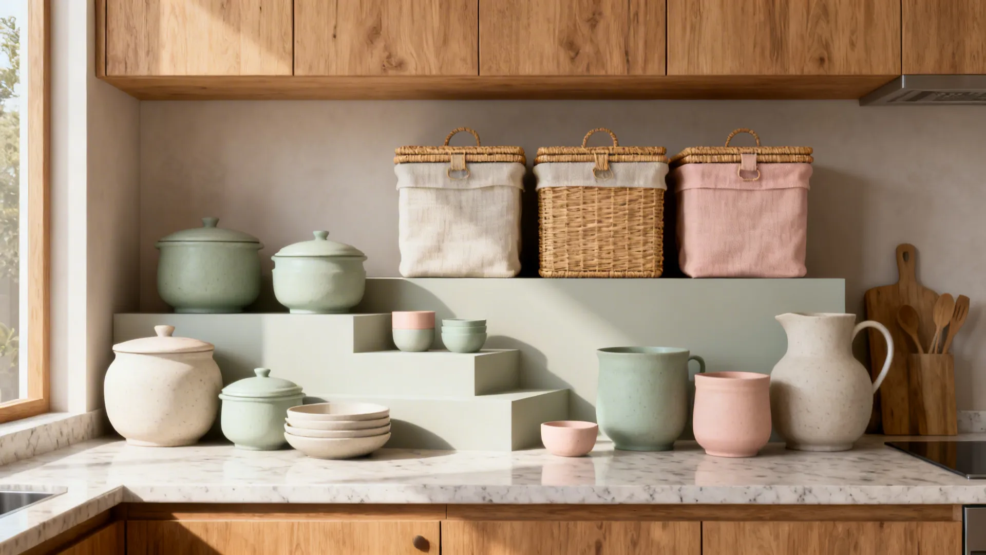 Pale stoneware and matching closed bins arranged above kitchen cabinets with staggered heights.