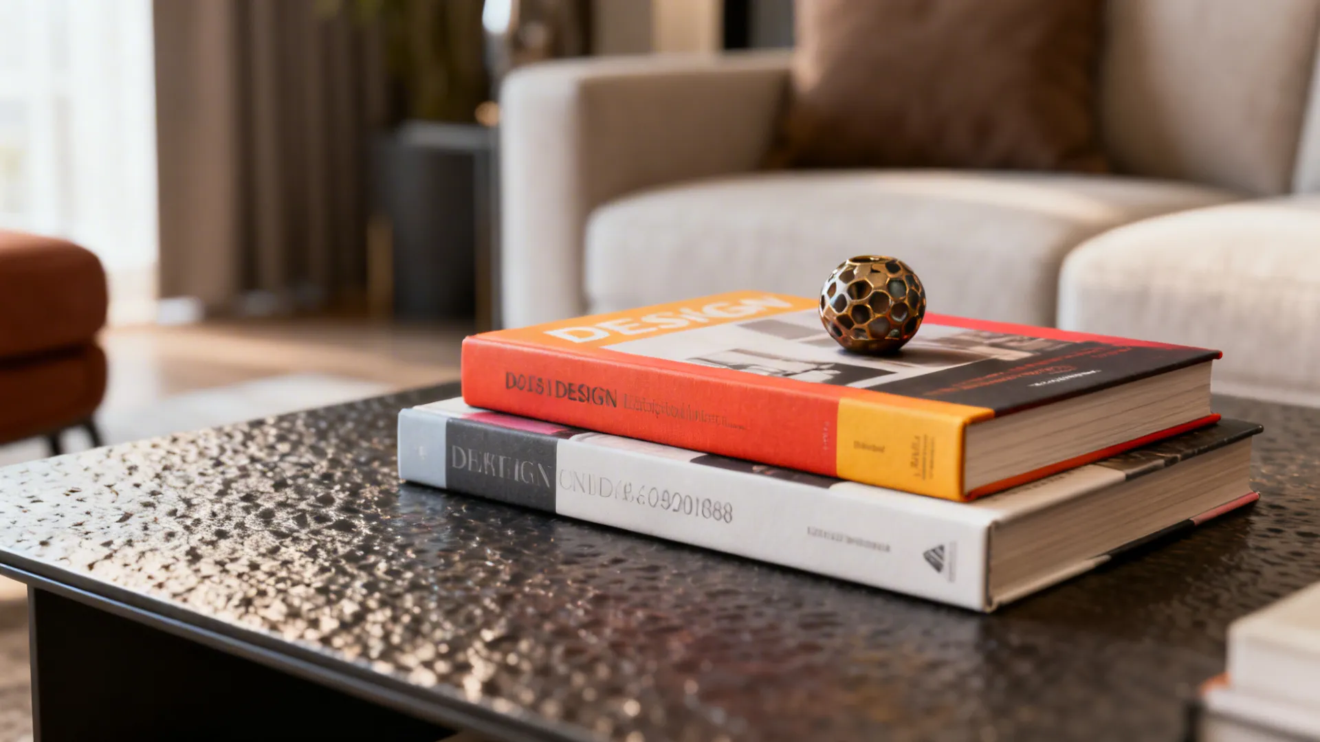 Stack of two to three design books with a small decorative object on a coffee table.