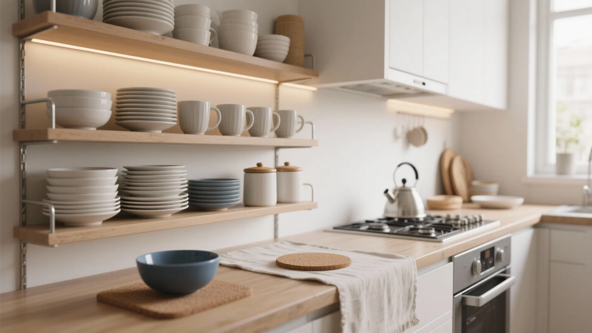 Modern kitchen with wooden shelves holding white plates mugs and a stovetop with silver kettle