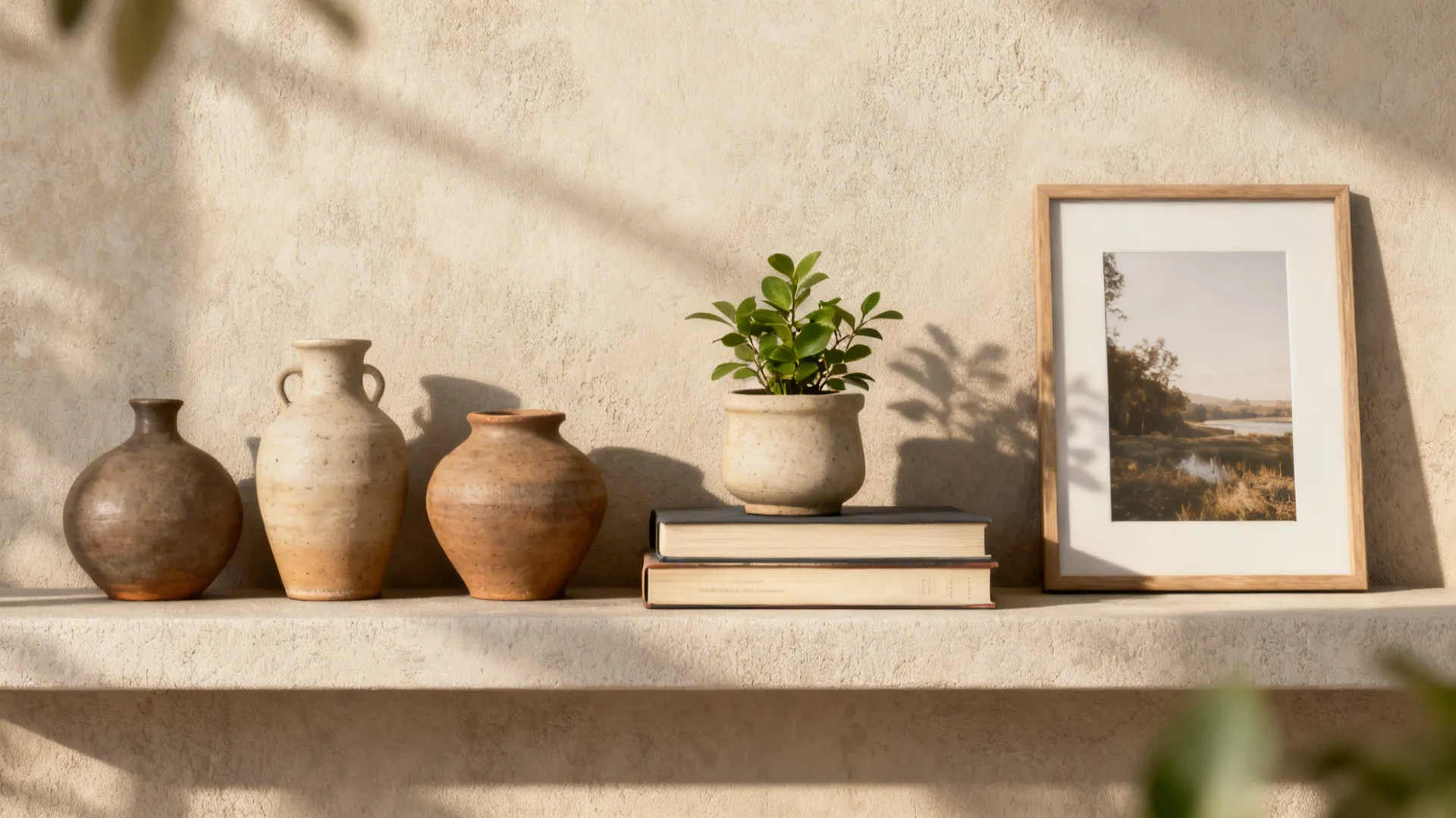 Neatly arranged pottery, plant, books, and a framed photo showing curated decorating.