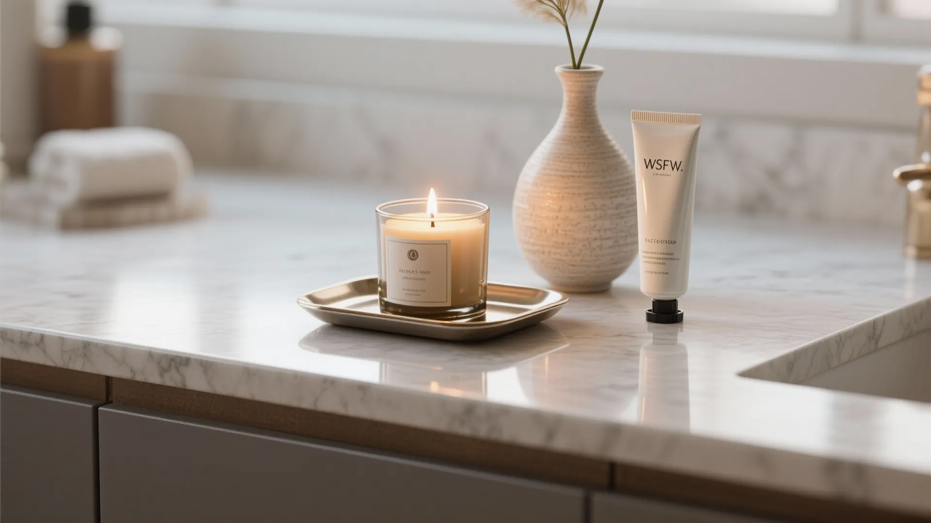 A lighted candle on gold tray with white cream tube and vase on marble counter