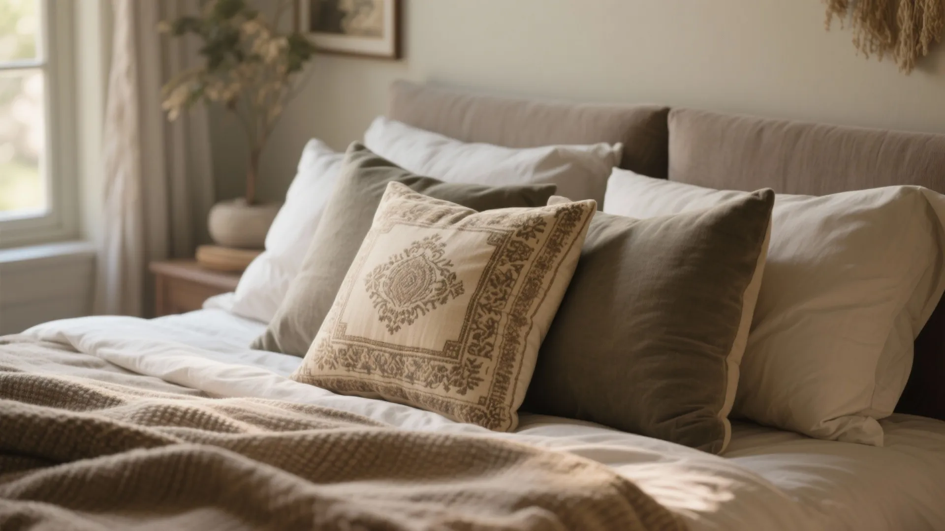 Bed styled around a vintage heirloom textile pillow with complementary modern pillows and layered textures.