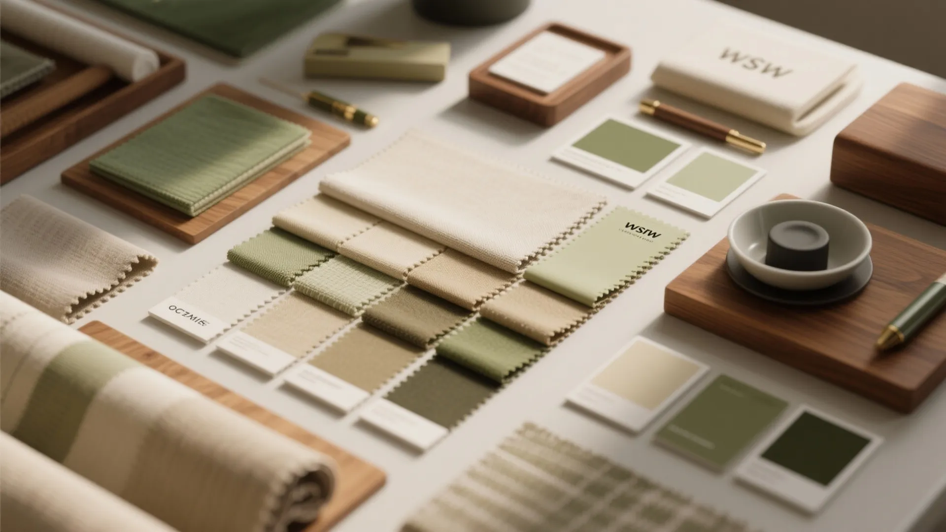 Green and beige fabric material samples arranged on a white table with small color cards