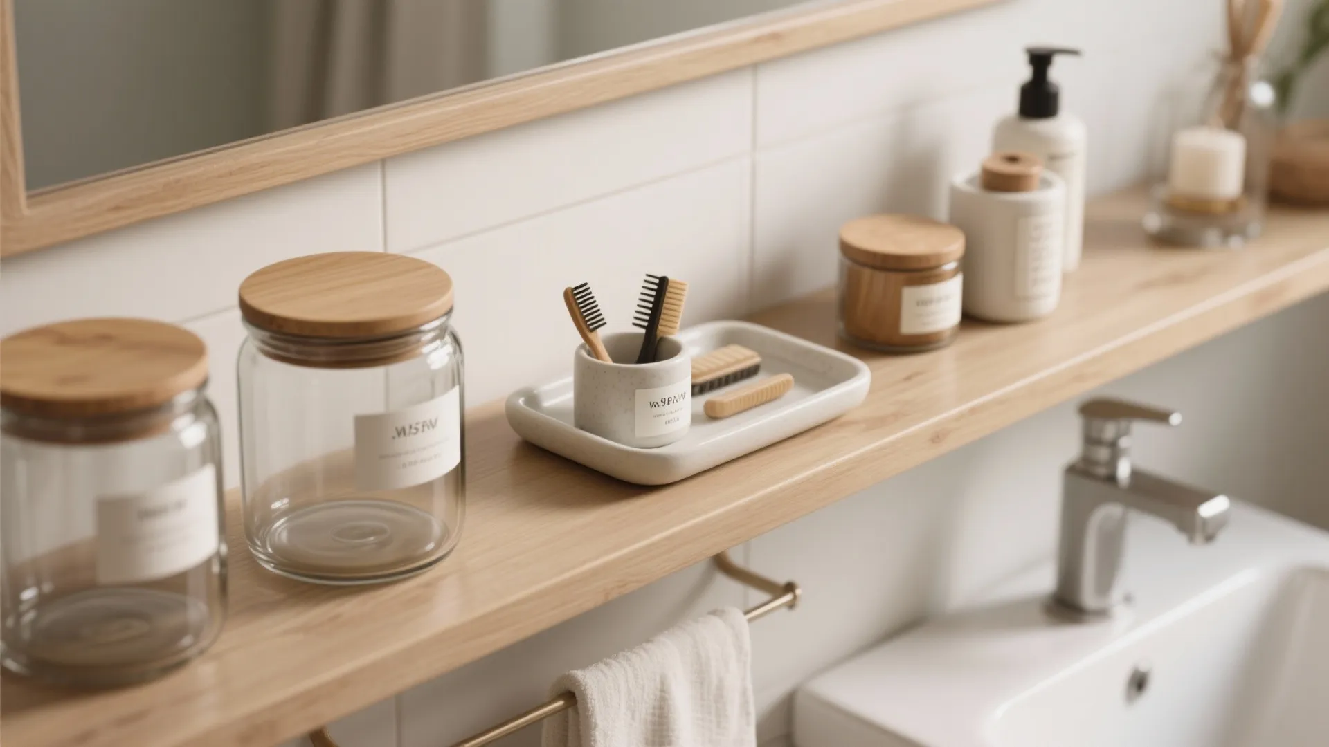 Wooden bathroom shelf holding glass jars with wooden lids, toothbrushes, and a white soap dispenser