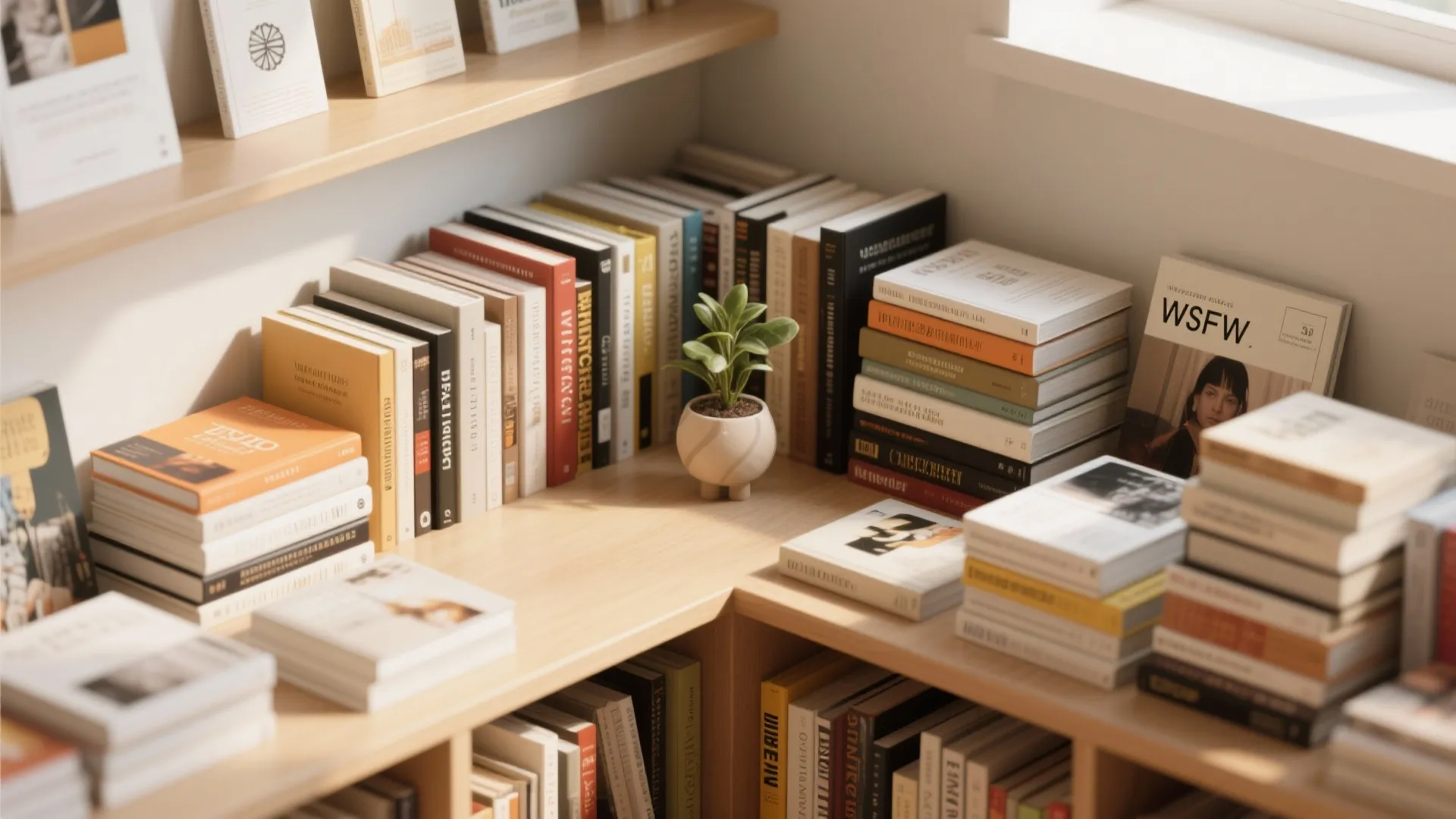 Corner wooden bookshelf filled with books stacked vertically and horizontally with a small potted plant