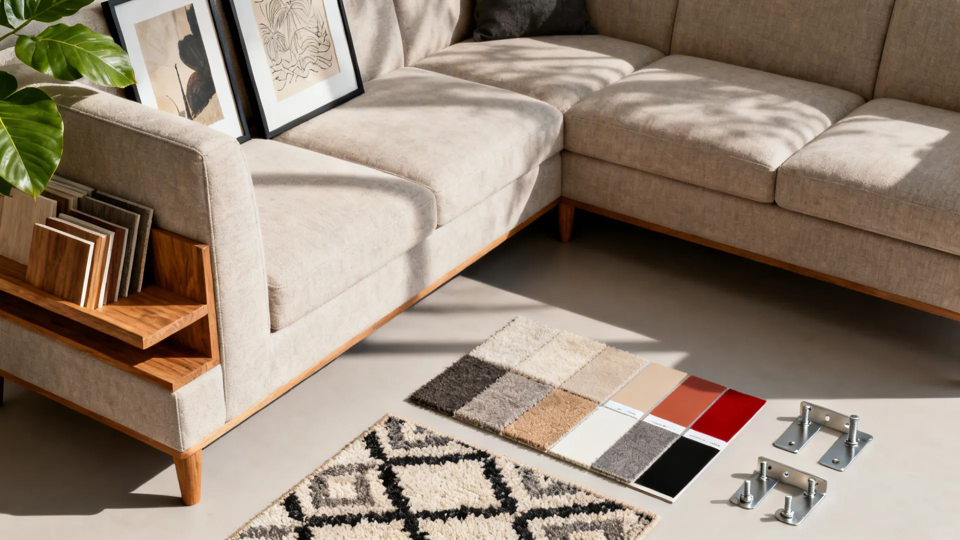 Flatlay of wood shelves, art prints, plant elements, and patterned rug swatches for a gallery corner.