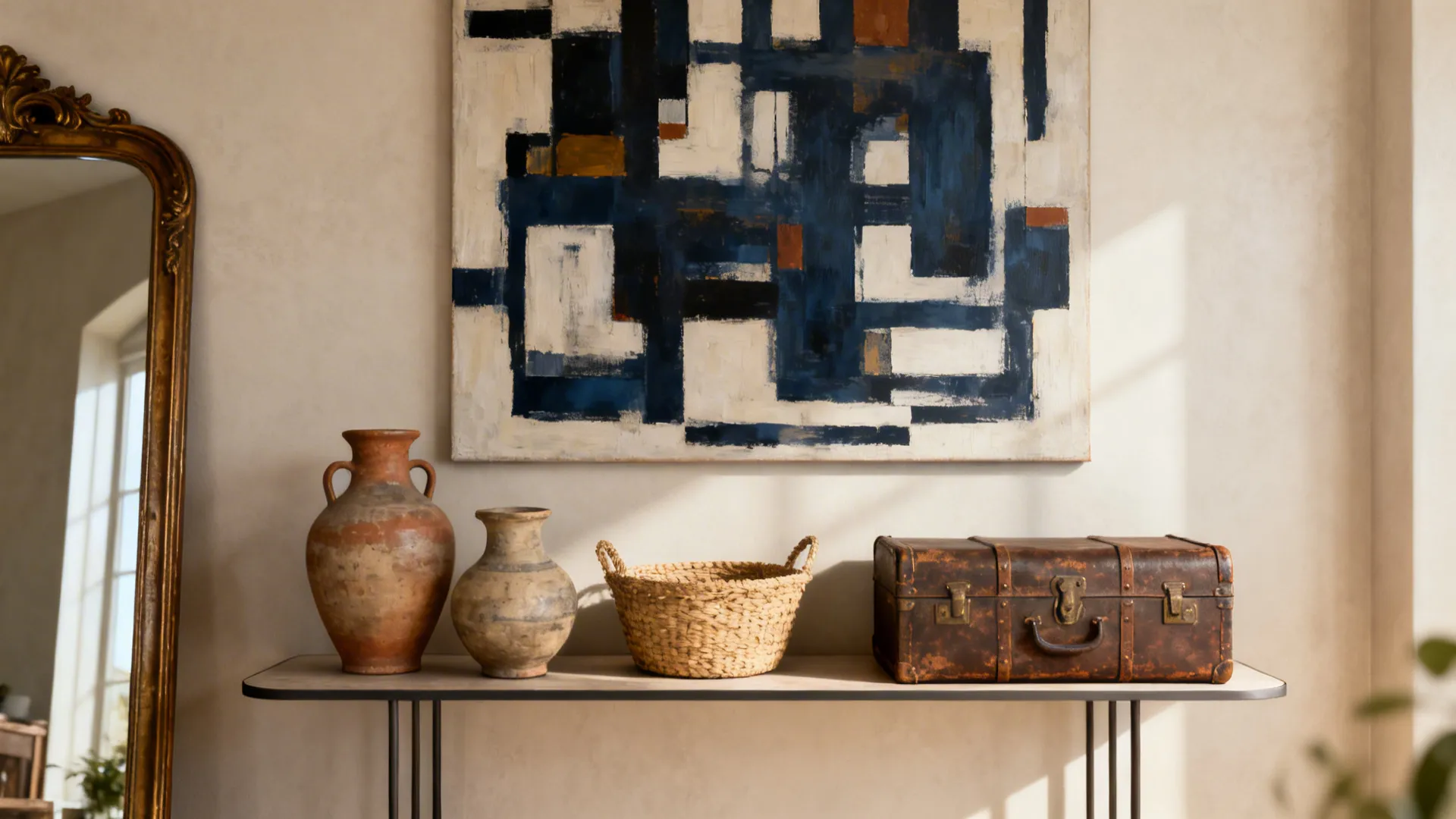 Curated rustic decor with handcrafted pottery, woven basket, and modern abstract art.