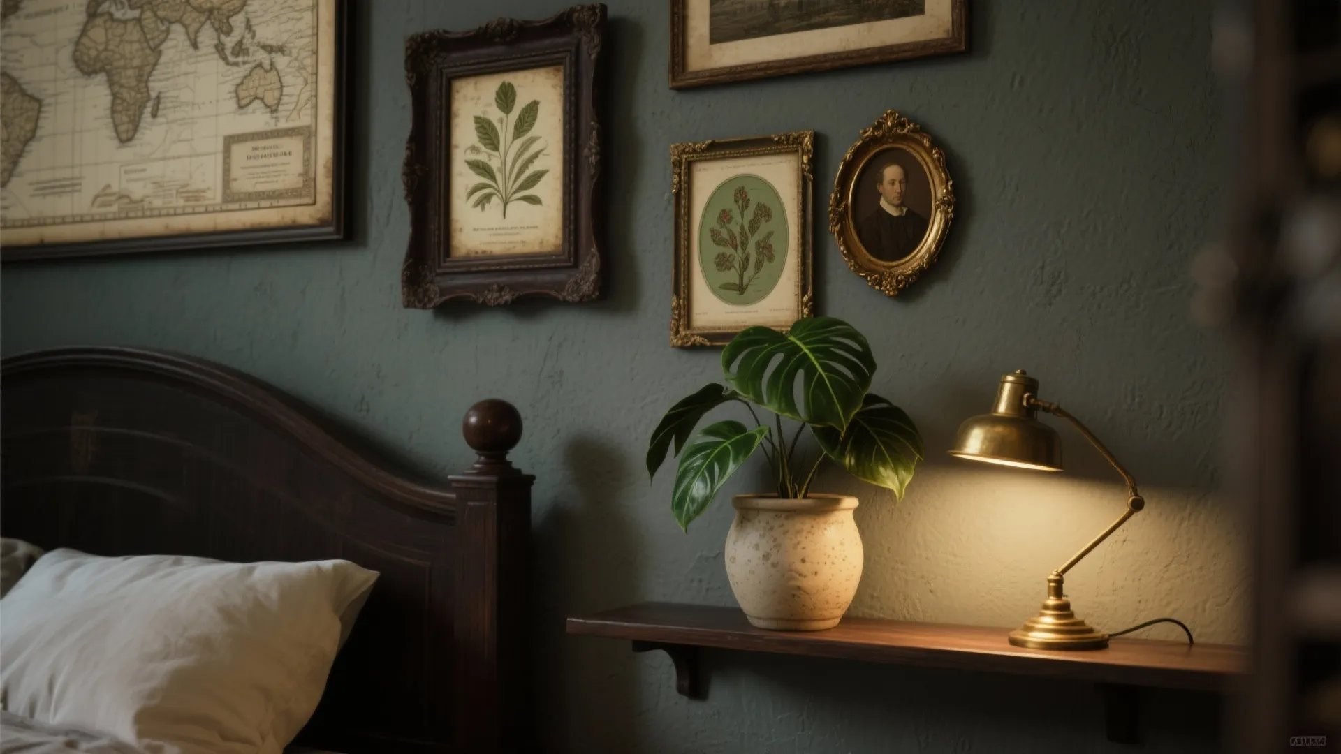 Dark bedroom wall with framed pictures wooden shelf holding a potted plant and brass lamp