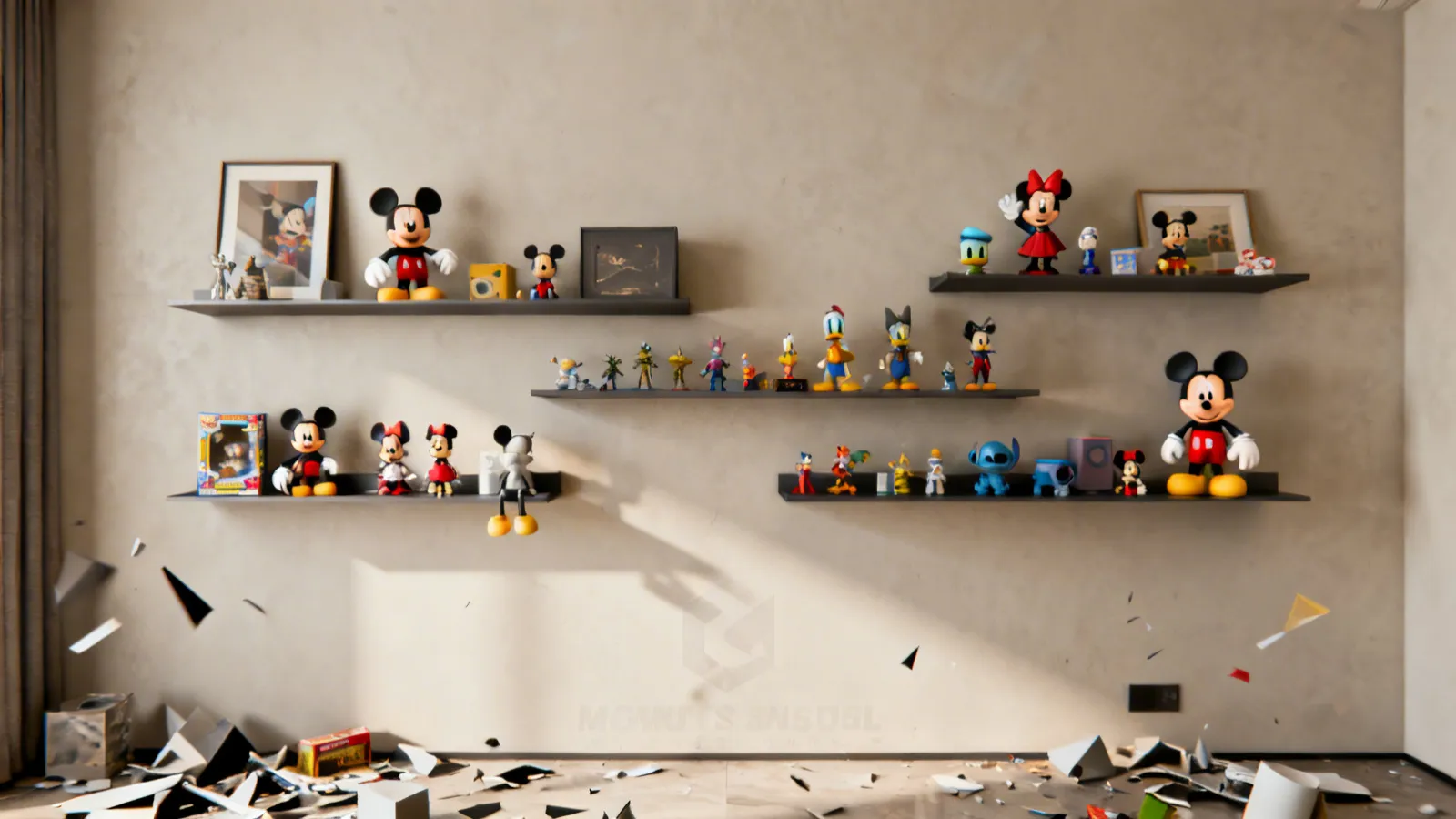 Minimal floating shelves displaying organized Disney collectibles