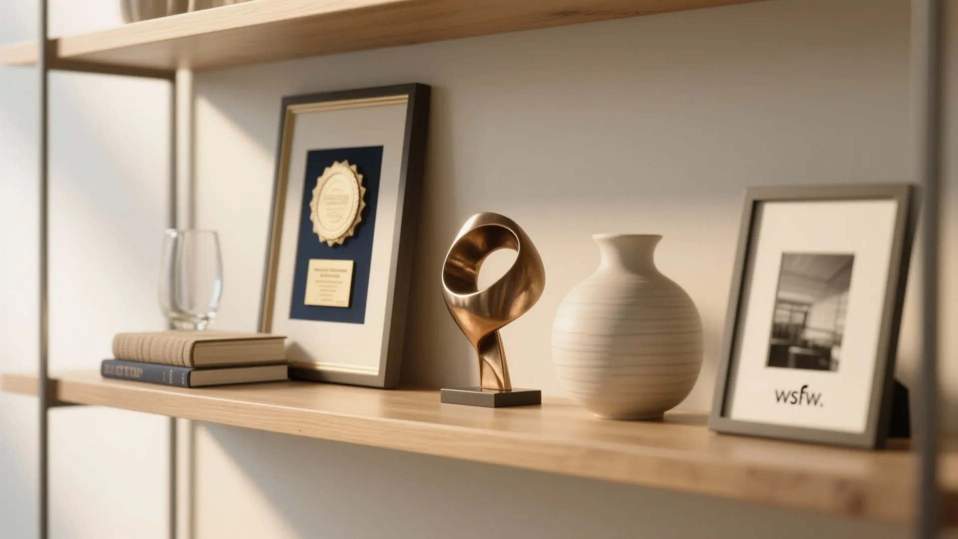 Wooden shelf with framed award gold sculpture white vase books and photo in natural light