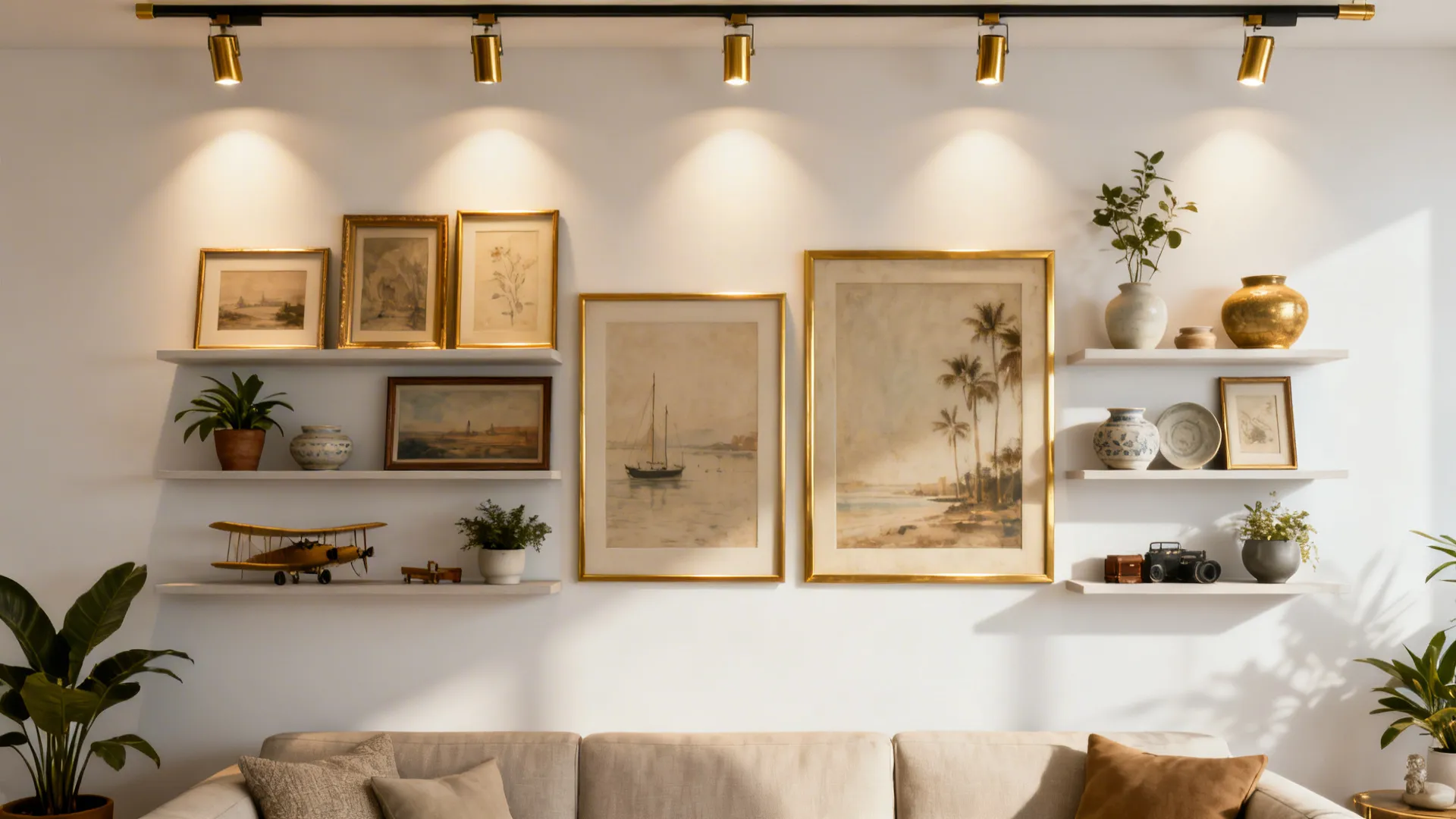 Curated gallery wall with framed art, ceramics, and plants under accent lighting.