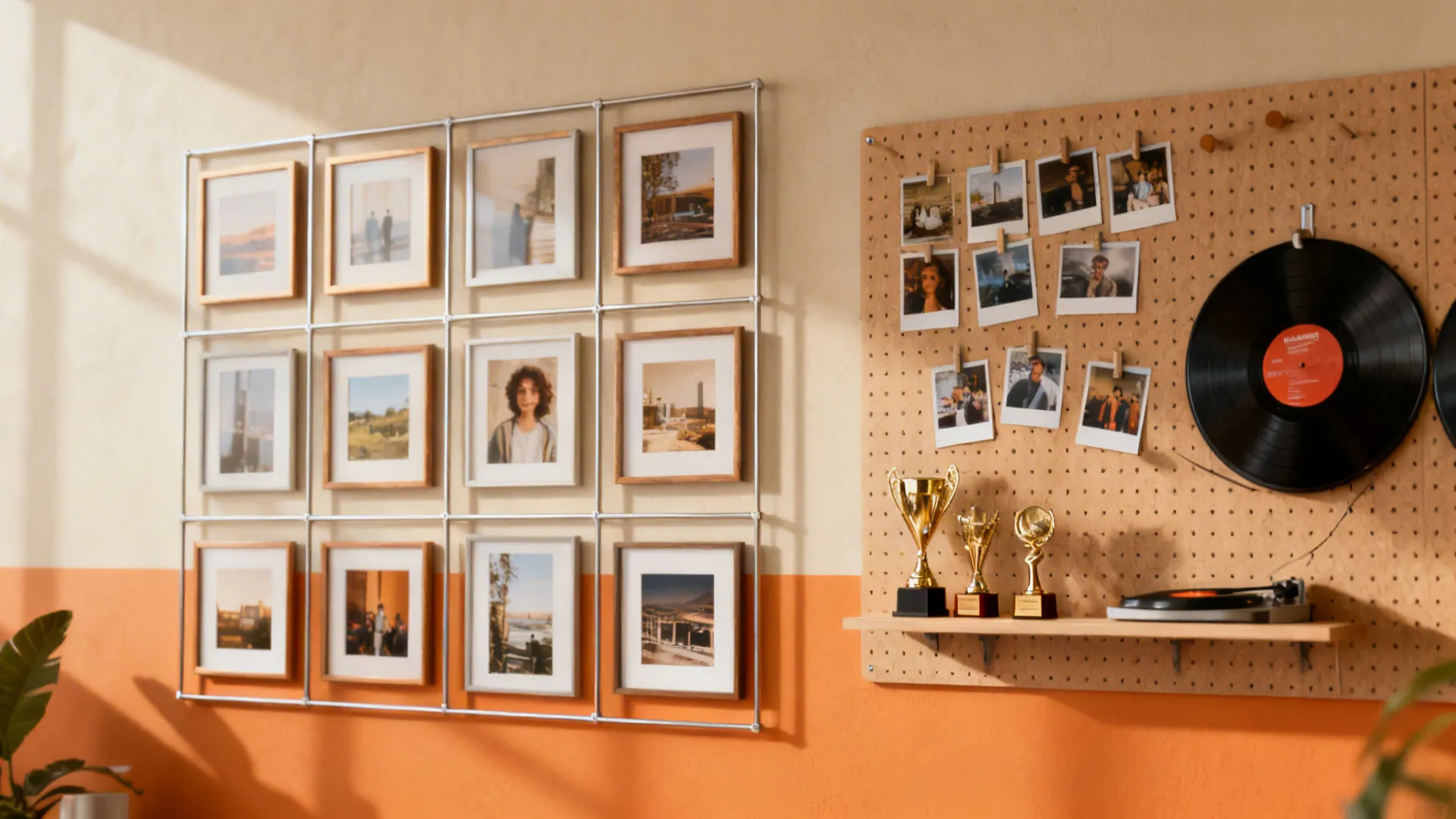 Wall decor featuring grid of framed photos beside pegboard with polaroids trophies and music record