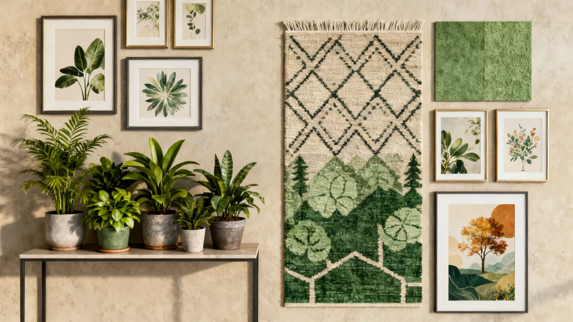 Top-down flatlay of gallery wall samples, plant cluster and rug swatch for curated displays
